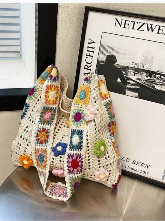 Handbags - Flower Embellished Handwoven Shoulder Bag